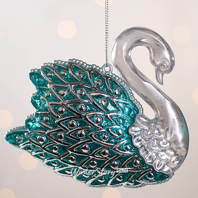 Елочная игрушка Лебединая Песня 12 см серебристая с бирюзовым, подвеска Forest Market