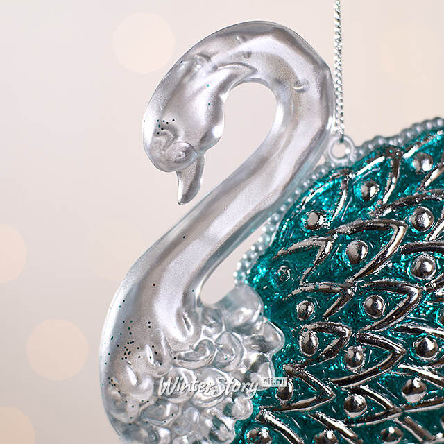 Елочная игрушка Лебединая Песня 12 см серебристая с бирюзовым, подвеска Forest Market