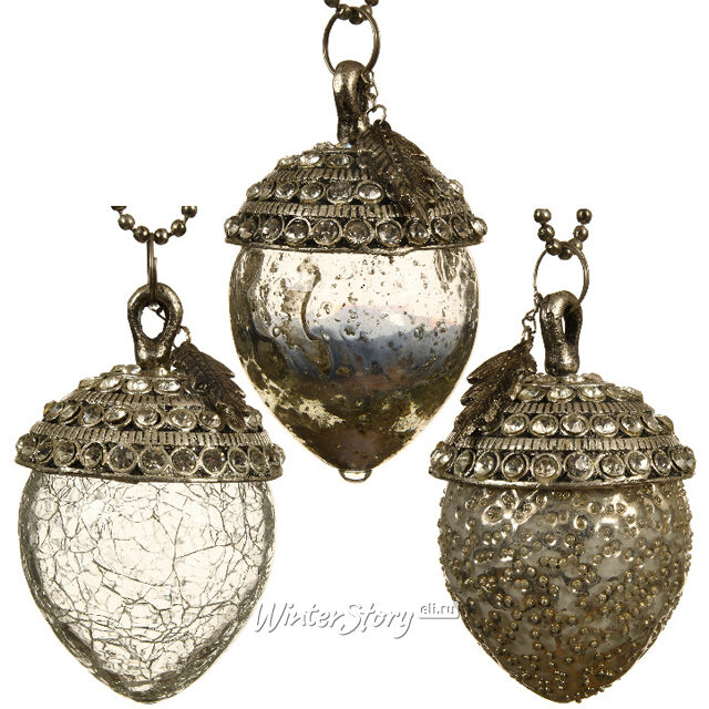 Винтажная елочная игрушка Желудь Бенуа 11 см дымчато-серебряный, стекло, подвеска Kaemingk