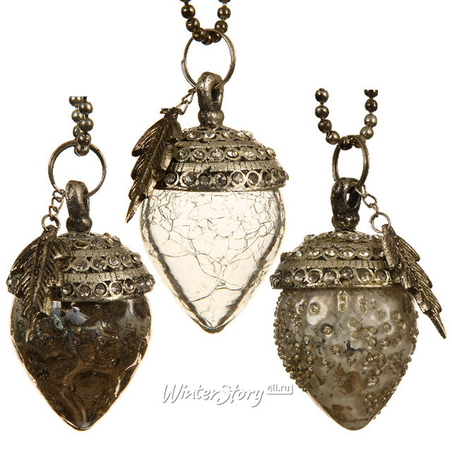 Винтажная елочная игрушка Желудь Бенуа 8 см жемчужно-серый, стекло, подвеска Kaemingk