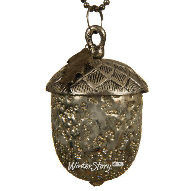 Винтажная елочная игрушка Желудь Шарли 11 см серебряный, стекло, подвеска Kaemingk