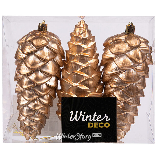 Елочная игрушка Шишка Фатитура - Античный бежевый 14 см, 3 шт, пластик Winter Deco