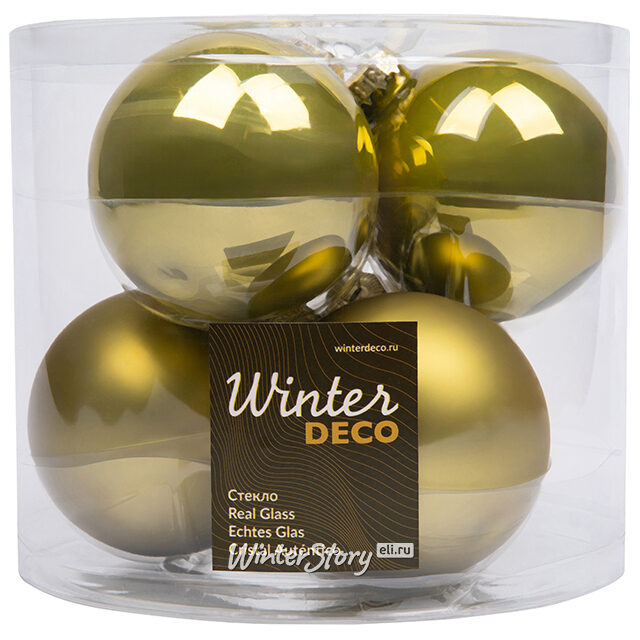 Набор стеклянных шаров 8 см оливковый mix, 6 шт Winter Deco