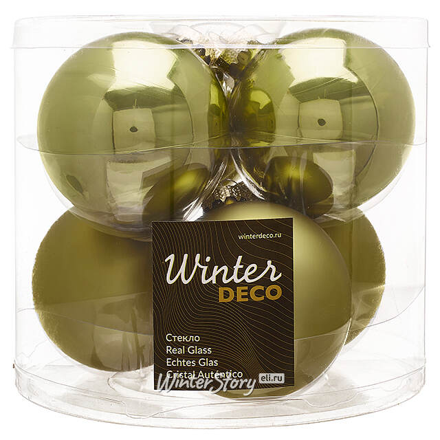 Набор стеклянных шаров 8 см оливковый mix, 6 шт Winter Deco