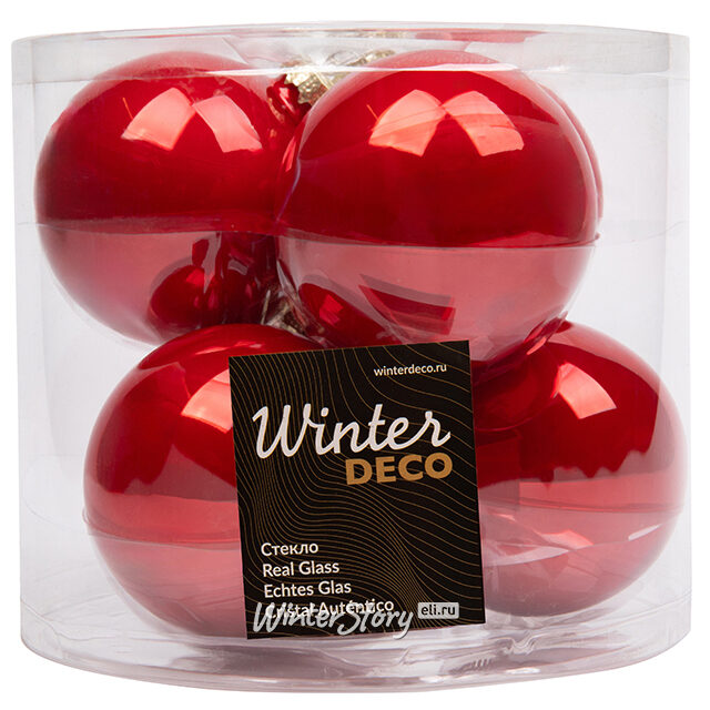 Набор стеклянных шаров 8 см рождественский красный глянцевый, 6 шт Winter Deco