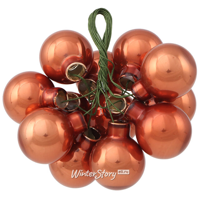 Гроздь из 12 стеклянных шаров на проволоке 2.5 см, коньячный, эмаль Winter Deco