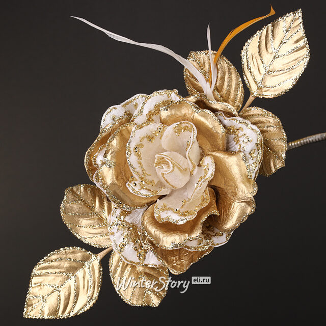 Искусственная роза Fabiana 28 см бело-золотая, клипса Winter Deco
