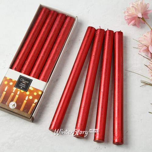 Высокие свечи Красный Металлик 25*2.2 см, 4 шт Kaemingk
