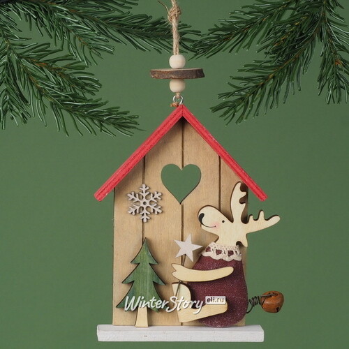 Деревянная елочная игрушка Праздничный домик Оленя с елочкой 15 см, подвеска Breitner