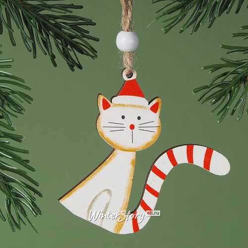 Деревянная елочная игрушка Котёнок Квиррелл в новогоднем колпачке 8 см, подвеска Breitner