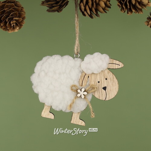 Деревянная елочная игрушка Овечка Долли с полевым цветочком 9 см, 2 шт, подвеска Breitner