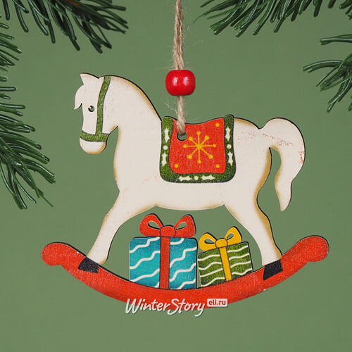 Елочная игрушка Деревянная Лошадка-Качалка с гостинцами 8 см, подвеска Breitner
