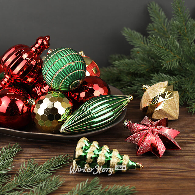 Набор елочных игрушек Midnight Miracle 8-15 см, 14 шт, красный с зеленым, пластик Winter Deco