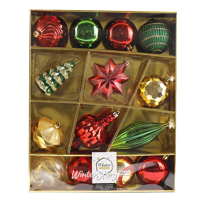 Набор елочных игрушек Midnight Miracle 8-15 см, 14 шт, красный с зеленым, пластик Winter Deco