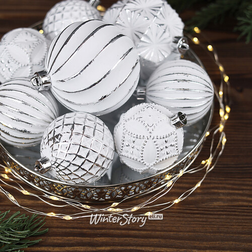 Набор пластиковых шаров Divine 6-8 см, 24 шт, белый с серебряным Winter Deco