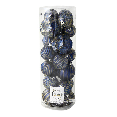 Набор пластиковых шаров Divine 6-8 см, 24 шт, синий с золотым Winter Deco