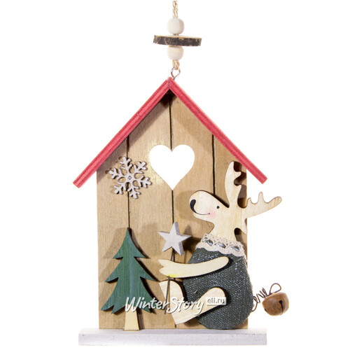 Деревянная елочная игрушка Праздничный домик Оленя с елочкой 15 см, подвеска Breitner