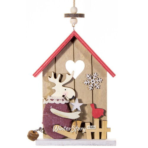Деревянная елочная игрушка Праздничный домик Оленя с птичкой 15 см, подвеска Breitner