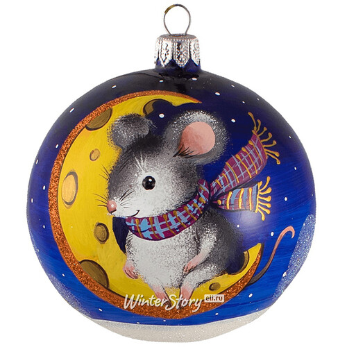 Стеклянный елочный шар Мышка на луне - Сырные сны 9.5 см Фабрика Ариель