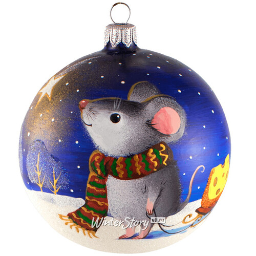 Стеклянный елочный шар Мышка с санками - Сырные сны 9.5 см Фабрика Ариель