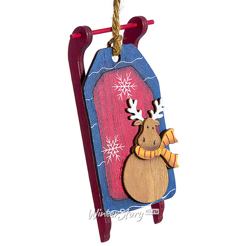 Деревянная елочная игрушка Новогодние Санки с Оленем 13 см, подвеска Lang
