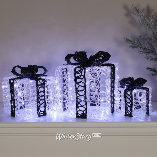 Светящиеся подарки Black Diletta 15-25 см, 3 шт, 60 холодных белых микро LED ламп, IP44 Winter Deco