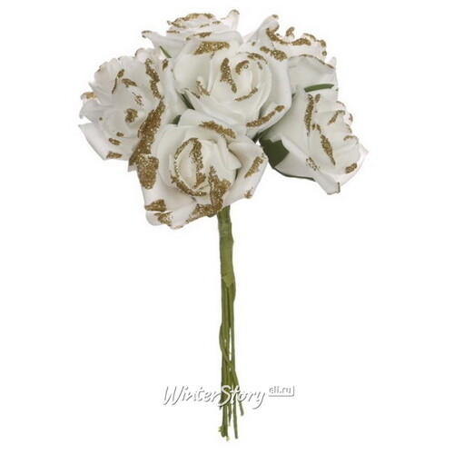 Искусственные розы для декора Lallita 18 см, 7 шт, белые с золотым Ideas4Seasons
