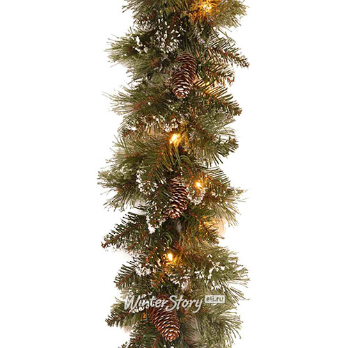 Хвойная гирлянда с лампочками Bristle 274*25 см, 50 теплых белых LED ламп, влагозащищенная, ЛЕСКА + ПВХ National Tree Company