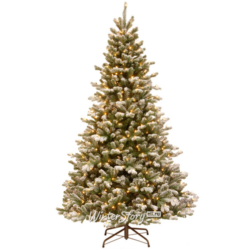 Искусственная елка с гирляндой Шеффилд заснеженная 228 см, 650 теплых белых ламп, ЛИТАЯ + ПВХ National Tree Company
