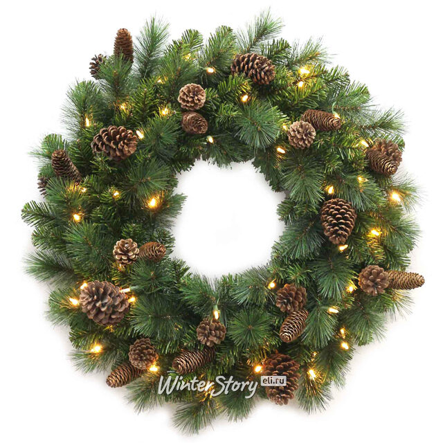 Венок с лампочками Пайнридж с шишками 61 см, 50 теплых белых LED ламп на батарейках, ЛЕСКА + ПВХ National Tree Company