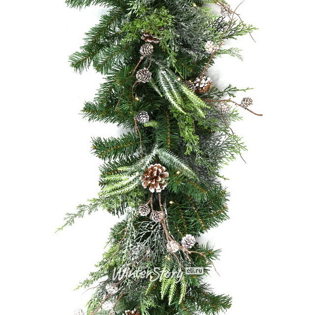 Хвойная гирлянда с лампочками Rago Nature 183 см с шишками, 50 теплых белых ламп, на батарейках, ЛИТАЯ + ПВХ Nordic Collection