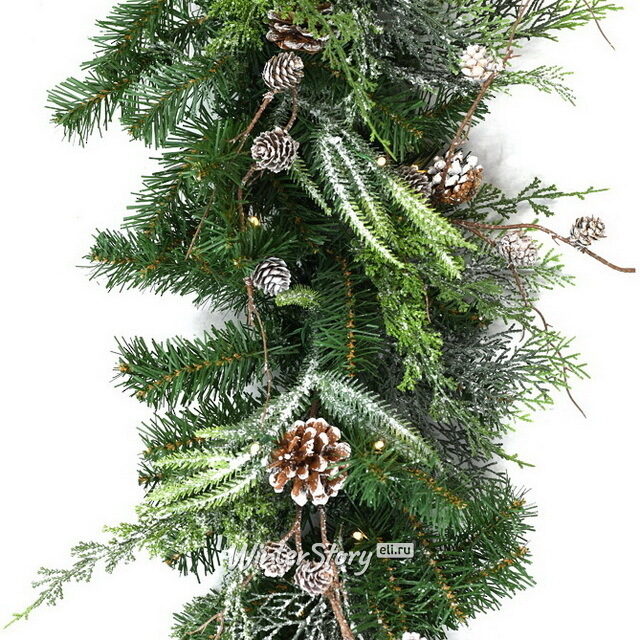 Хвойная гирлянда с лампочками Rago Nature 183 см с шишками, 50 теплых белых ламп, на батарейках, ЛИТАЯ + ПВХ Nordic Collection