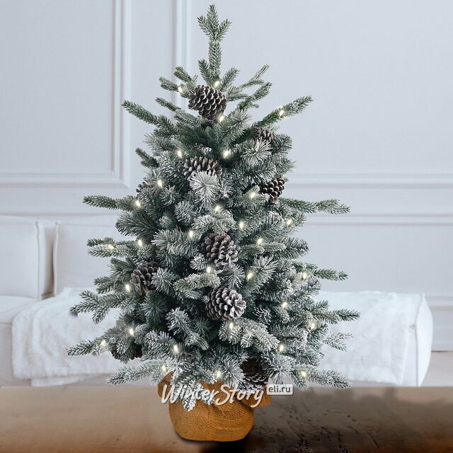 Настольная елка Рочестер заснеженная 61 см в мешочке, 50 теплых белых ламп на батарейках, таймер, ЛИТАЯ + ПВХ National Tree Company