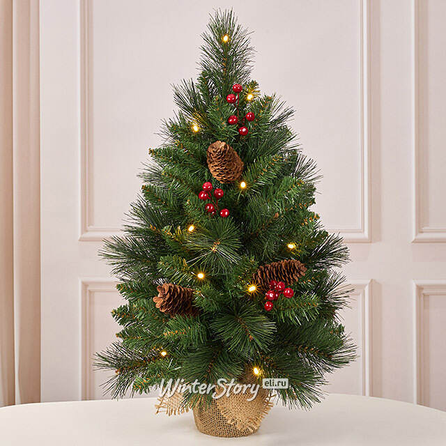 Настольная елка с лампочками Эвридей в мешочке 45 см, 15 теплых белых ламп на батарейках, ЛЕСКА + ПВХ National Tree Company