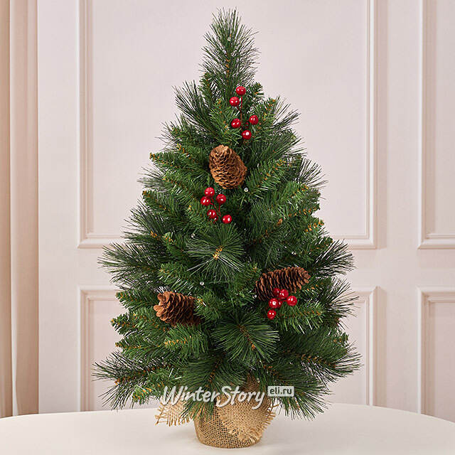 Настольная елка с лампочками Эвридей в мешочке 45 см, 15 теплых белых ламп на батарейках, ЛЕСКА + ПВХ National Tree Company