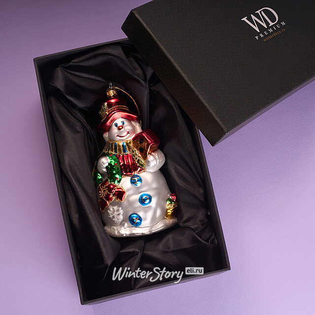 Елочная игрушка Снеговик Бин с подарками 16 см, стекло, подарочная коробка Winter Deco