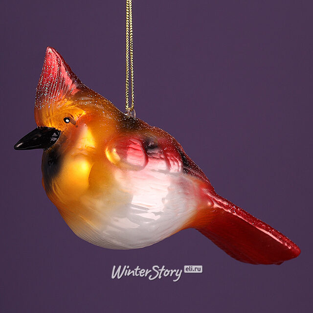 Стеклянная елочная игрушка Птичка - Кардинал 14 см, подвеска Winter Deco