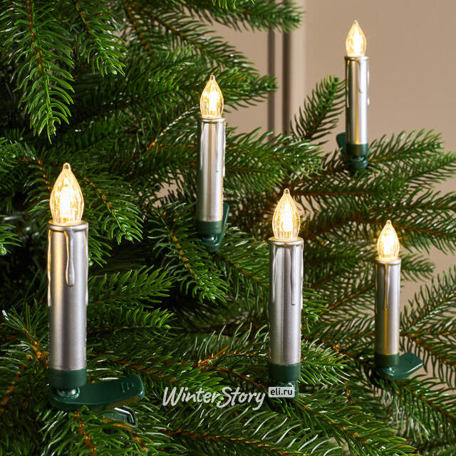 Свечи на елку Acogedora Noche 11 см серебряные, 10 шт, теплые белые LED лампы, на клипсе, пульт управления, таймер, на батарейках, IP20 Winter Deco