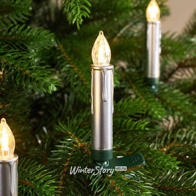 Свечи на елку Acogedora Noche 11 см серебряные, 10 шт, теплые белые LED лампы, на клипсе, пульт управления, таймер, на батарейках, IP20 Winter Deco