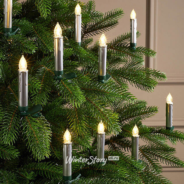 Свечи на елку Acogedora Noche 11 см серебряные, 10 шт, теплые белые LED лампы, на клипсе, пульт управления, таймер, на батарейках, IP20 Winter Deco