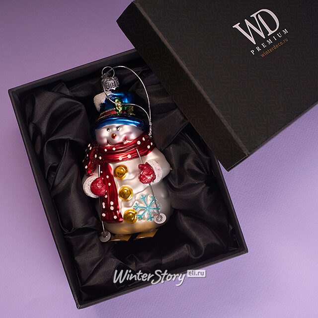 Елочная игрушка Снеговик в красном шарфике 12 см в подарочной коробке, стекло Winter Deco