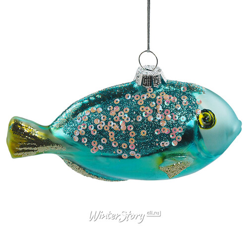 Стеклянная елочная игрушка Рыбка Глосси - Brilliant Turquoise 13 см, подвеска Winter Deco