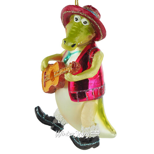 Стеклянная елочная игрушка Крокодил Эрнандо - Мексиканский Гитарист 11 см, подвеска Winter Deco