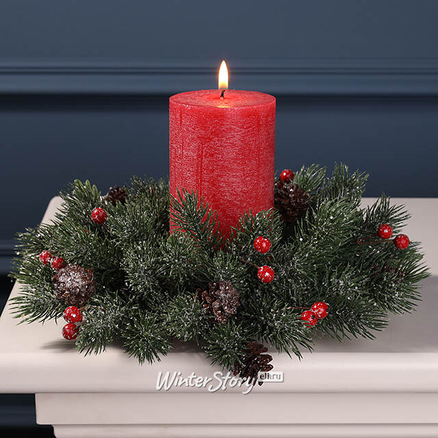 Венок для свечи Universe 26 см заснеженный, с шишками и ягодами, ЛИТАЯ 100% Swerox