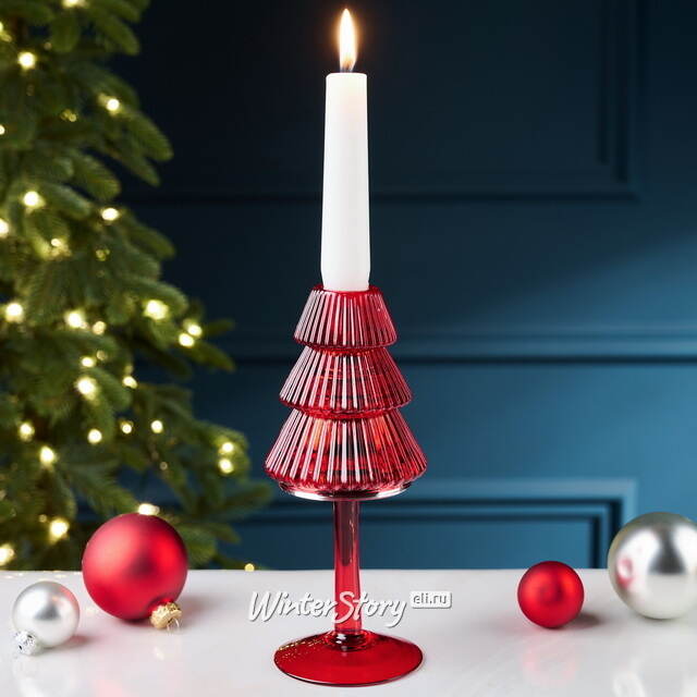 Стеклянный подсвечник Елка Cascata Di Luce 19 см красный EDG