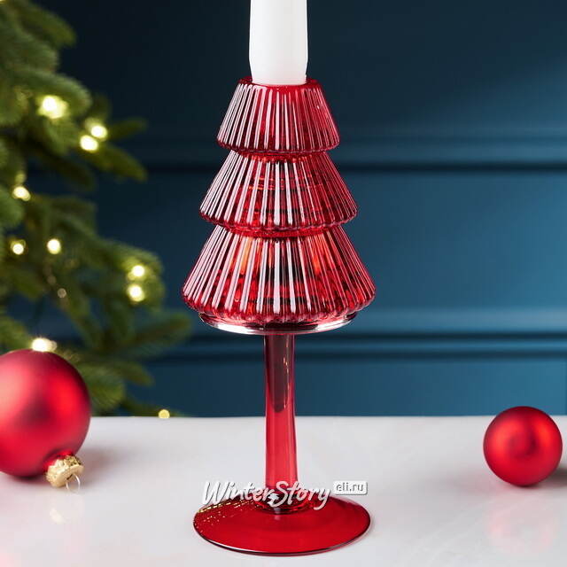 Стеклянный подсвечник Елка Cascata Di Luce 19 см красный EDG