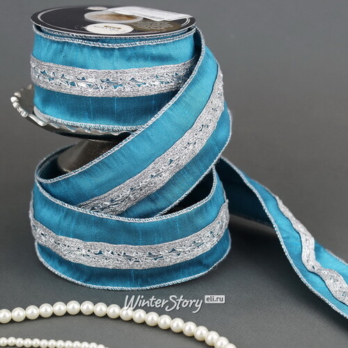 Декоративная лента Blue Blush: Серебряный узор 1000*6 см Kaemingk
