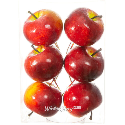 Декоративные яблоки Красные на проволоке 6 см, 6 шт Hogewoning