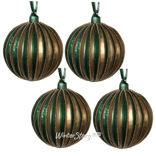 Набор винтажных шаров Золотой Арбуз, 10 см, 4 шт, зеленый, стекло ShiShi