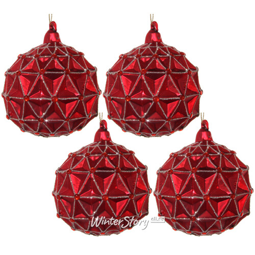 Набор винтажных елочных шаров Рубиновые Грани 10 см, 4 шт, стекло ShiShi